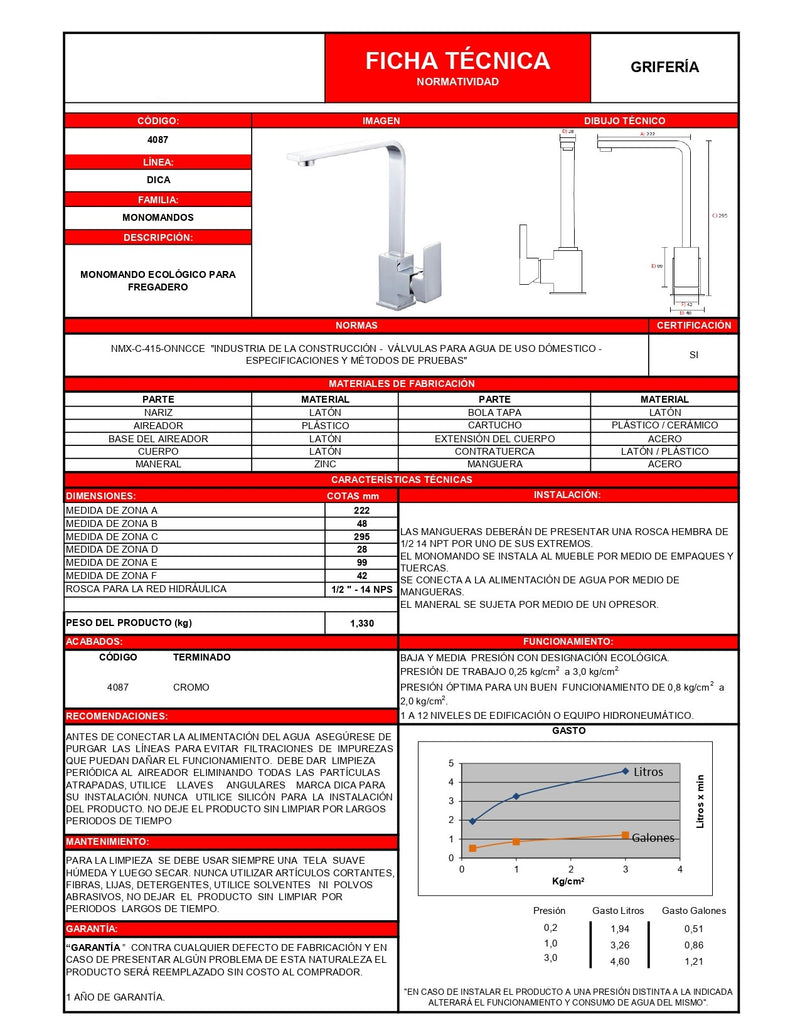 Monomando Eco Fregadero Presion Baja Acabado Cromo 4087 Dica ID-2513085