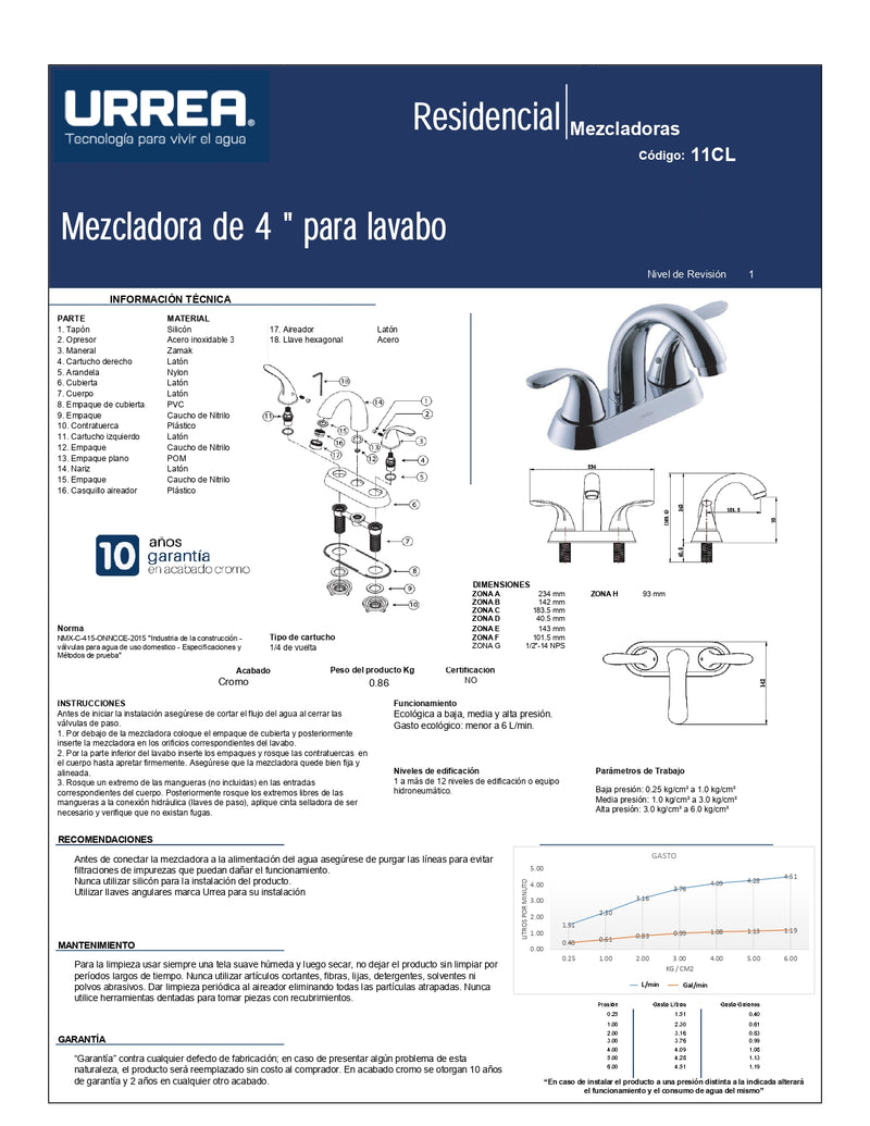 Mezcladora Para Lavabo De 4 Cromo 11Cl Urrea ID-2067768