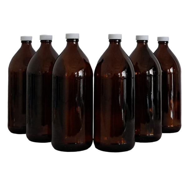 Botella Ámbar Vidrio 1 L con Tapa Blanca 6 Piezas  Ba1l6p  Qec