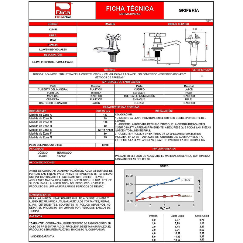 Llave Individual Para Lavabo 4244In Dica ID-2511319