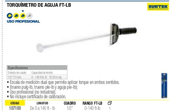 Torquimetro De Aguja 1/2 , 0-140 Ft-Lb 107100 Surtek ID-2137411