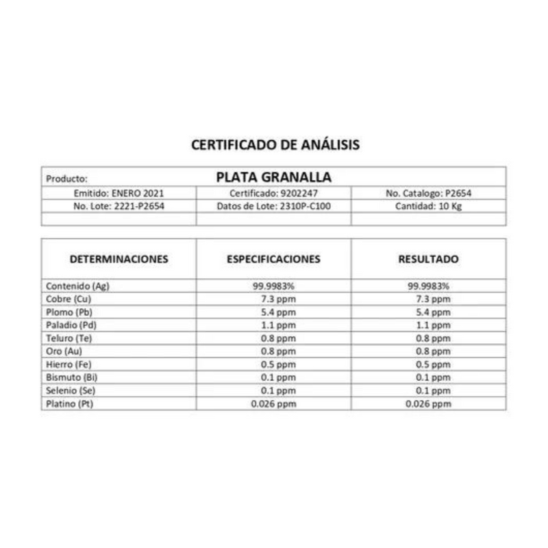 Plata Granalla .999 50G Pureza 99.9983% Fagalab ID-2118974