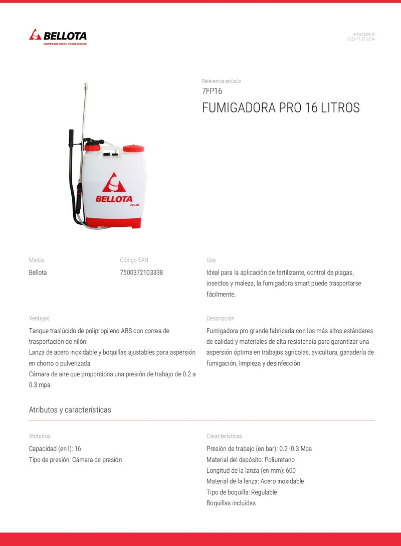 Fumigadora 16 Litros Ligera Resistente Bellota ID-2066931