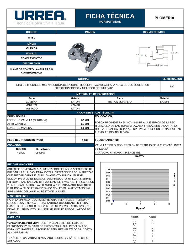 Llave Angular Sin Contratuerca 1/2 401Sc Urrea ID-2066642